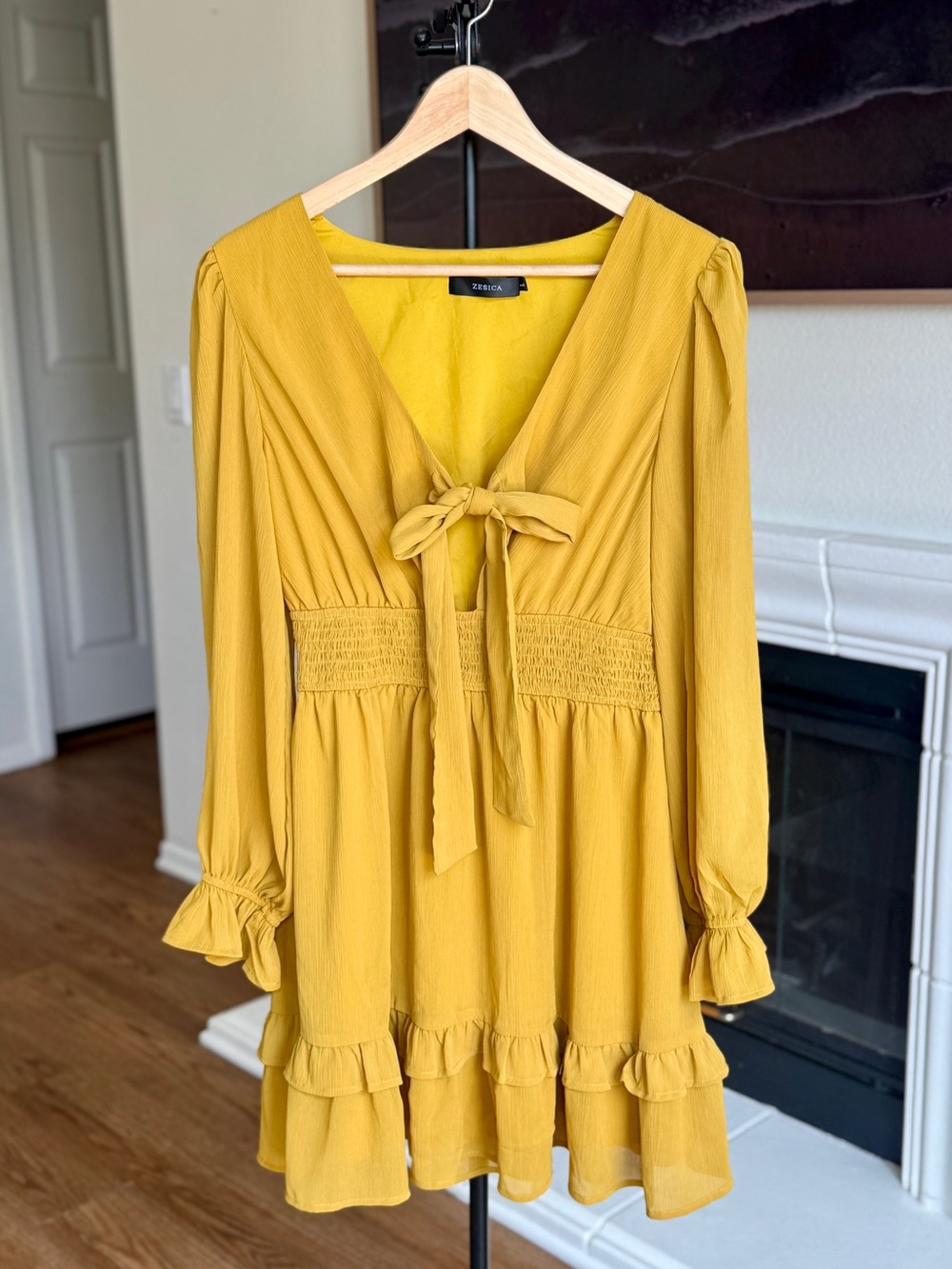 Zesica Yellow Smocked Waist Tiered Ruffle Tie Front Mini Dress Boho Cottagecore